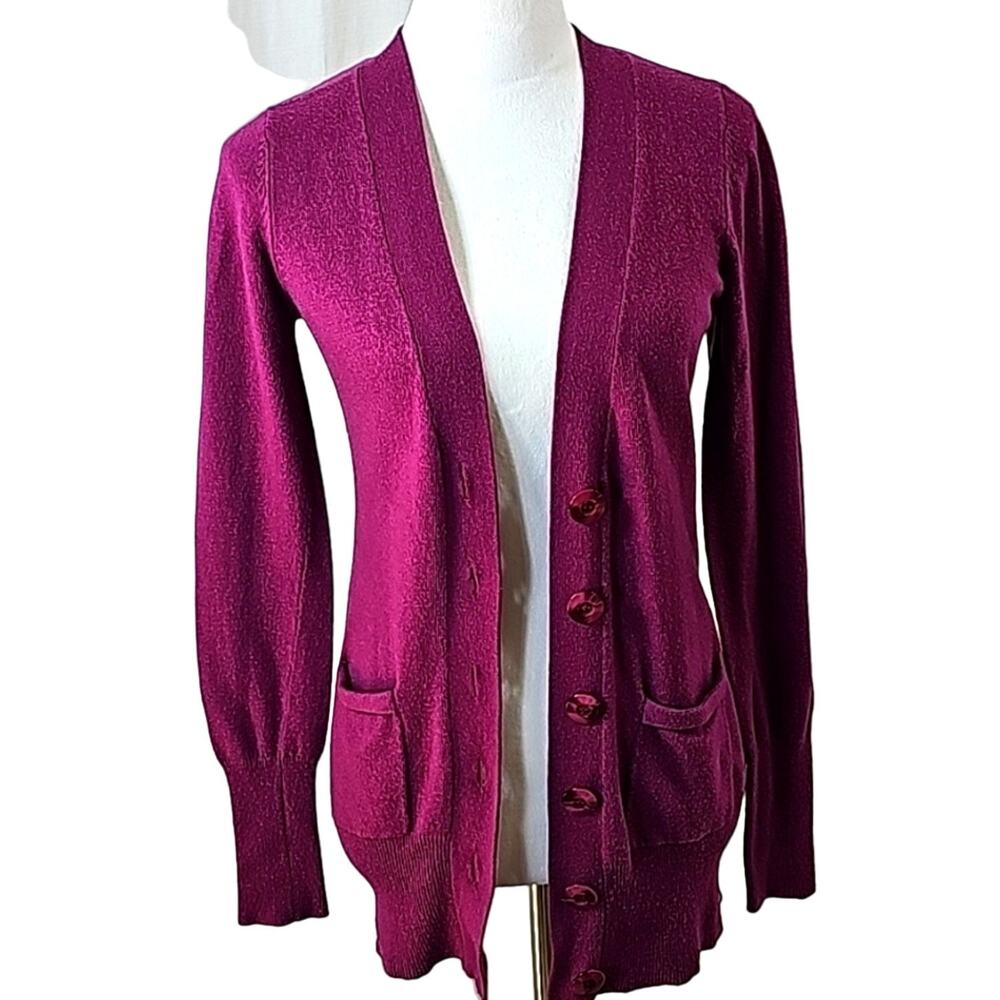 TCEC Womens Sz M Purple Wool Blend Lightweight Pockets Artsy Cardigan Sweater